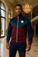 Apex Legend navy, burgundy and teal tracksuit in StarFlex fabric, designer luxury apex wear with star emblem and chevron design