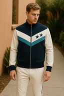 Astro Elite navy and cream tracksuit in StarFlex fabric, designer luxury celestial wear with dual star emblems and chevron design