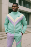 Azure Crown mint and lavender tracksuit in StarFlex fabric, designer luxury athletic wear with chevron pattern and star emblem
