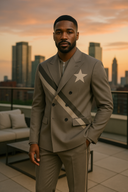 Executive man wearing luxury grey and tan double-breasted designer suit with silver star emblem and diagonal contrast bands, featuring premium StarFlex fabric construction against city skyline