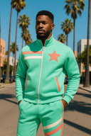 California Fresh green and orange tracksuit in StarFlex fabric, designer luxury athletic wear with horizontal stripe pattern and star emblem