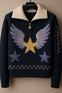 Luxury navy blue designer sweater with gold winged star embroidery, cream ribbed collar, and STARSTRUCK sleeve branding, featuring premium StarFlex knitwear construction
