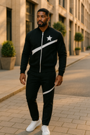 Classic Power black and white tracksuit in StarFlex fabric, designer luxury classic wear with curved stripe and star detailing