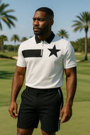 Club Prestige white golf polo with black contrast details and matching performance shorts, representing luxury championship golf wear