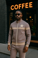 Coffee Culture mocha and cream tracksuit in StarFlex fabric, designer luxury urban wear with horizontal stripes and star emblem