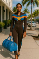 Cosmic Horizon brown, blue and orange jumpsuit in StarFlex fabric, designer luxury cosmic wear with star emblem and chevron panel design