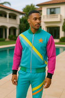 Cosmic Paradise teal and pink tracksuit in StarFlex fabric, designer luxury galactic wear with diagonal stripes and orange star emblem