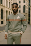 Cosmic Vision sage green and brown tracksuit in StarFlex fabric, designer luxury streetwear with white star emblem and rust brown stripe accents