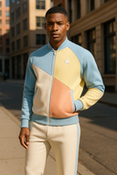 Creative Fusion multi-color pastel tracksuit in StarFlex fabric, designer luxury fashion wear with geometric color blocking and star emblem
