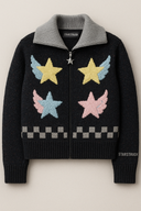 Luxury black designer cardigan with multi-colored winged star embroidery in yellow, blue, and pink, featuring grey ribbed collar and premium StarFlex knitwear construction