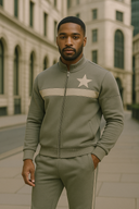 Desert Crown olive and beige tracksuit in StarFlex fabric, designer luxury athletic wear with horizontal stripes and star emblem