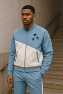 Executive Heritage sky blue and white tracksuit in StarFlex fabric, designer luxury leisurewear with triple star emblem and diagonal panels