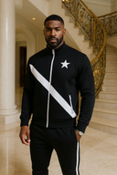 Executive Power black and white tracksuit in StarFlex fabric, designer luxury streetwear with white star emblem and diagonal stripe accents