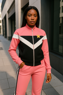Feminine Power pink and black tracksuit in StarFlex fabric, designer luxury athletic wear with chevron pattern and star emblem