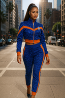 Galaxy Empress cosmic blue and orange tracksuit in StarFlex fabric, designer luxury galaxy wear with star emblem and chevron panel design
