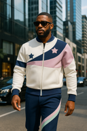 Metro Elite navy, white and pink tracksuit in StarFlex fabric, designer luxury streetwear with dual star emblems and geometric panels