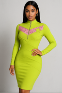 Elegant woman wearing luxury neon green designer bodycon dress with pink sequin chevron panel and star detail, featuring premium StarFlex stretch fabric construction and sophisticated evening styling