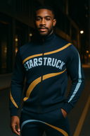 Night Pro navy, gold and silver tracksuit in StarFlex fabric, designer luxury nightwear with curved metallic stripe detailing