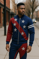 Patriotic Pride navy and red tracksuit in StarFlex fabric, designer luxury athletic wear with diagonal stripes and star emblems