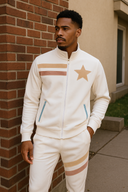 Premium Classic cream and tan tracksuit in StarFlex fabric, designer luxury heritage wear with horizontal stripe pattern and star emblem