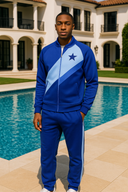 Royal Dynasty blue and light blue tracksuit in StarFlex fabric, designer luxury streetwear with navy star emblem and diagonal paneling