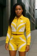Solar Blaze golden yellow and cream athletic set in StarFlex fabric, designer luxury solar wear with star emblem and curved panel design