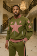 Star Power olive and pink tracksuit in StarFlex fabric, designer luxury stellar wear with multiple star emblems and trim