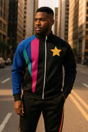 Street Supreme black and multi-color tracksuit in StarFlex fabric, designer luxury streetwear with vertical color blocking and star emblem