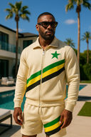 Tropical Elite cream, green and yellow tracksuit in StarFlex fabric, designer luxury resort wear with diagonal stripe pattern and star emblem