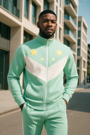 Victory Elite mint and white tracksuit in StarFlex fabric, designer luxury athletic wear with chevron pattern and star emblems